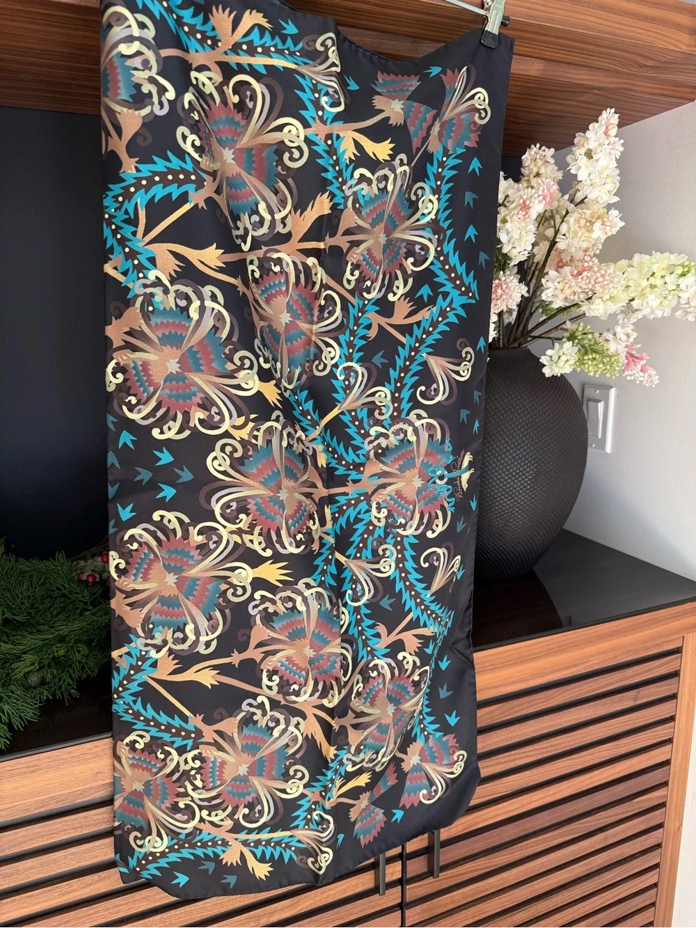 Vintage Brooks Brothers Floral Paisley Silk Scarf in Black, Teal, Brown